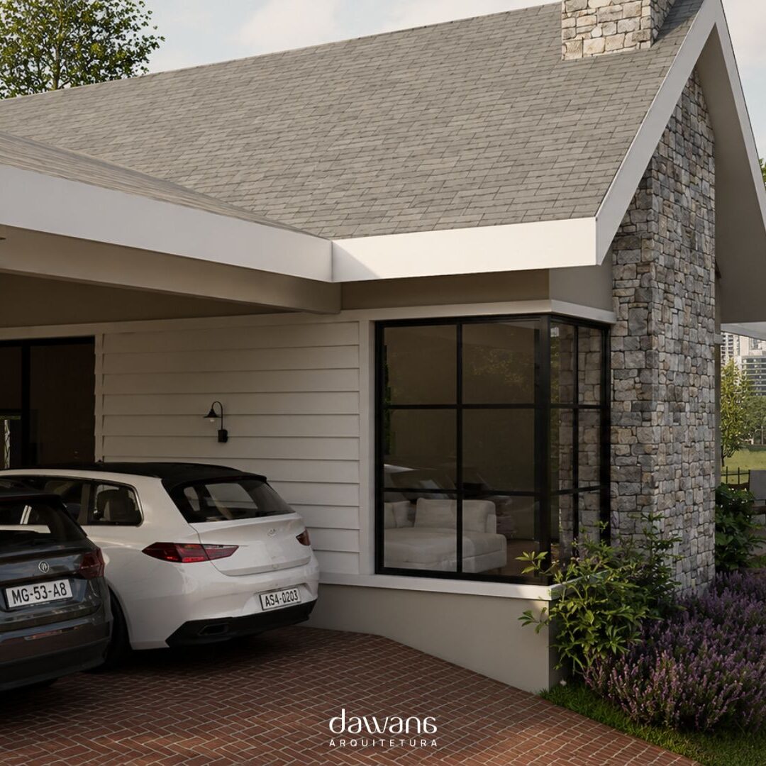 Detalhe de fachada com revestimento em lambri e esquadrias pretas, projeto Dawana Arquitetura