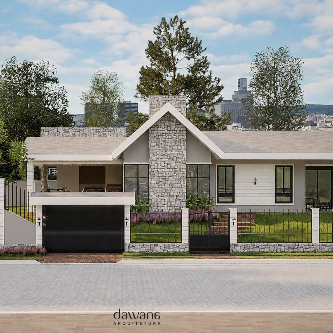 Fachada frontal de residência com muro em pedra, projeto Dawana Arquitetura