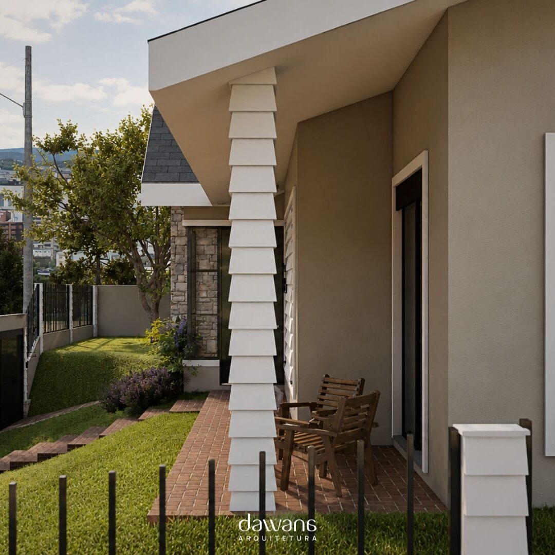 Detalhe de pedra natural e esquadrias pretas na fachada, projeto Dawana Arquitetura